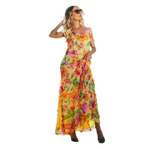 Lauren Ralph Lauren Y2K Yellow Floral 100% Silk Maxi Dress Fairy core Sz 4